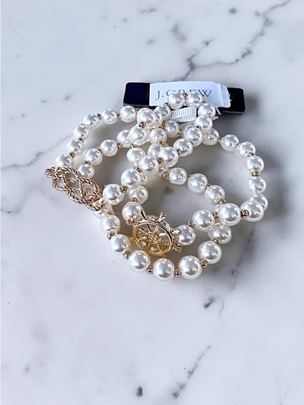 J. Crew Nautical Pearls 3 Piece Beaded Bracelets Set with Gold Ship Charms